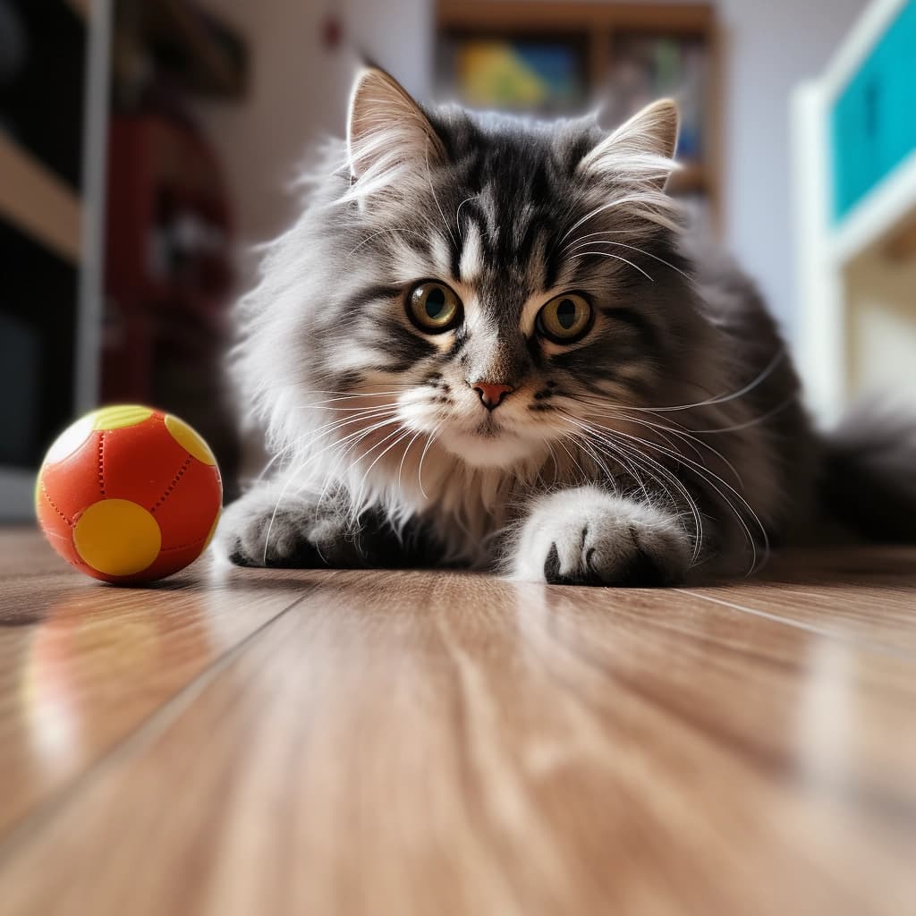 Cat playing with a toy ball.
