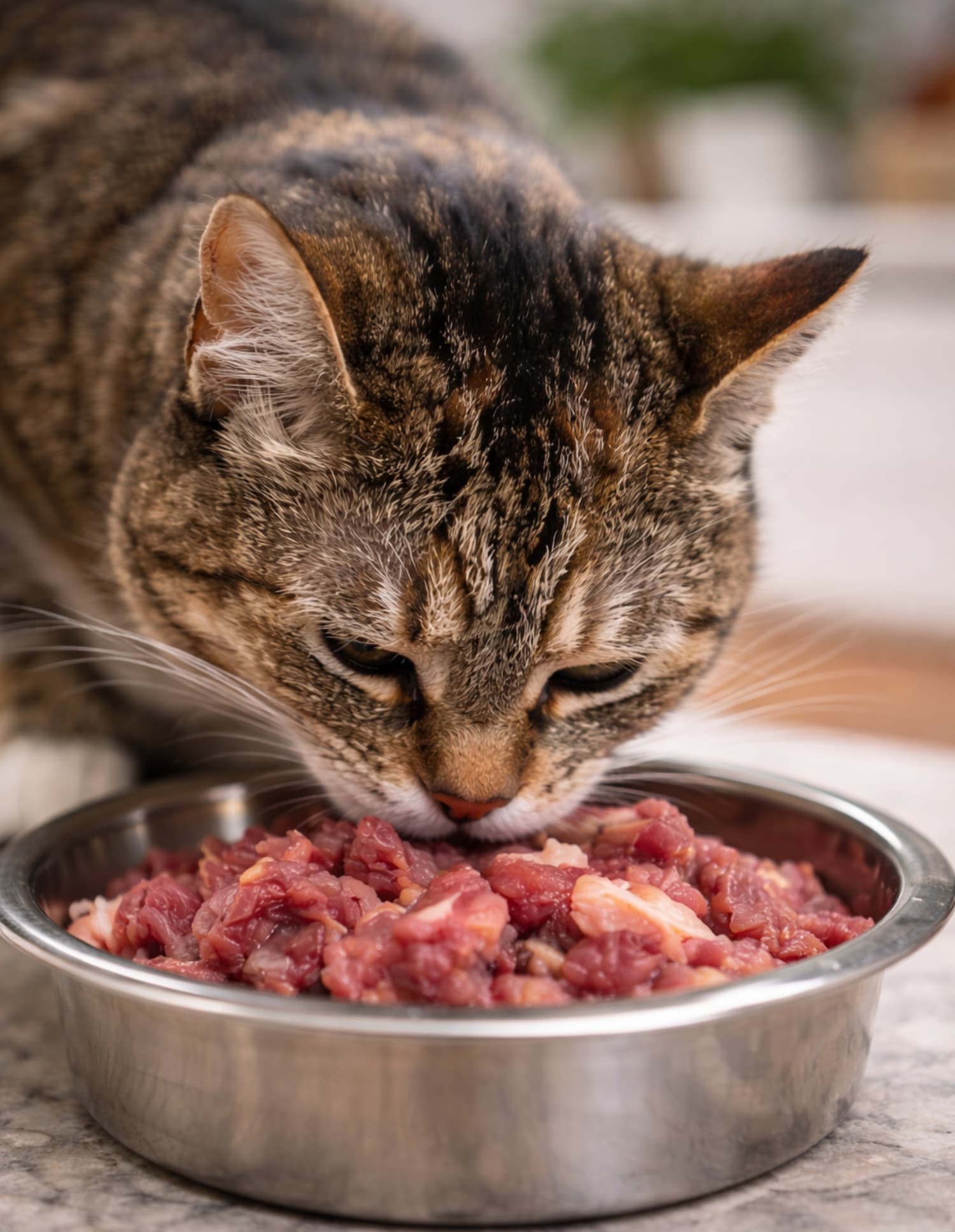 Cat eating raw cat food from bowl