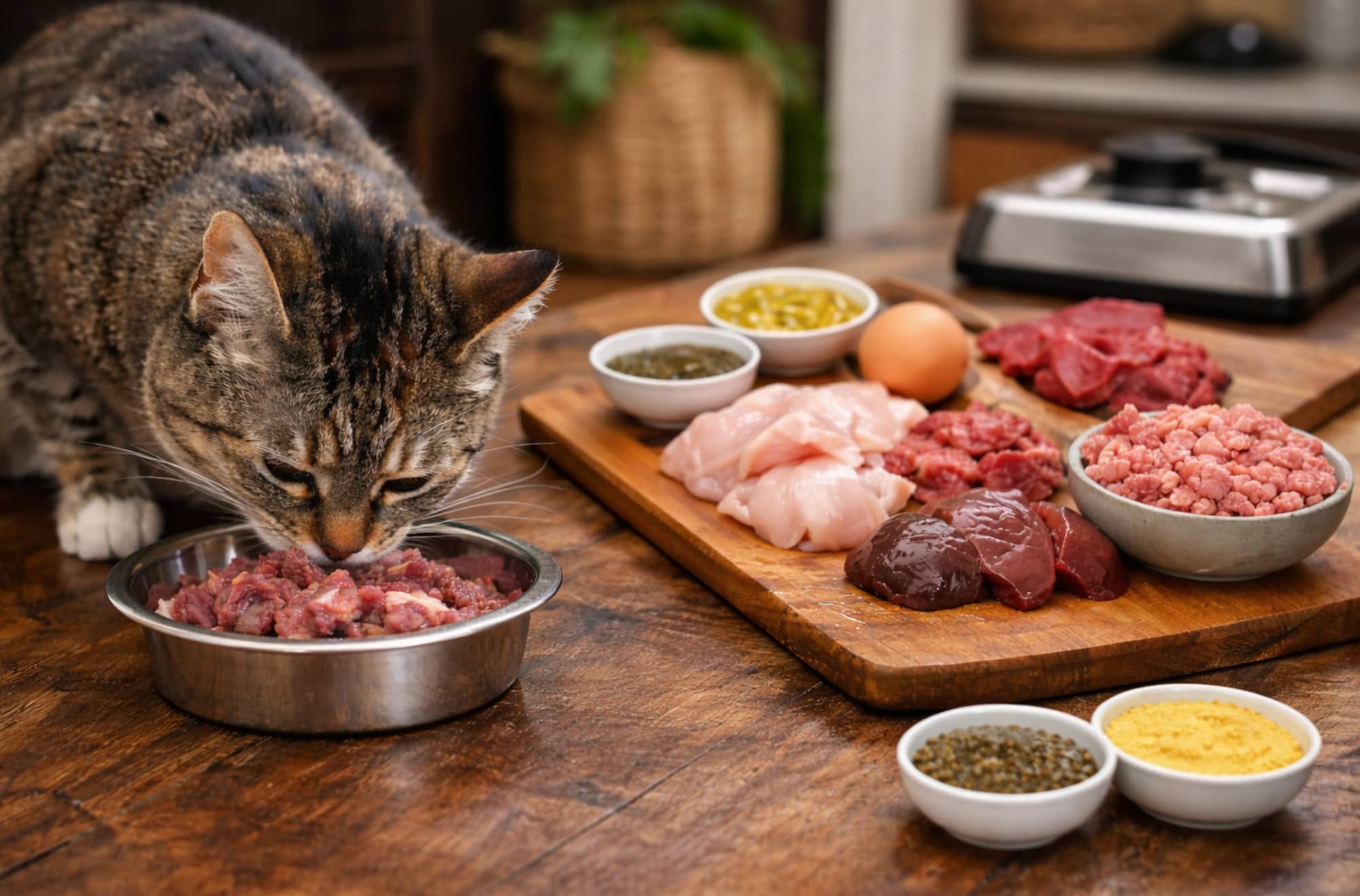 Cat eating raw cat food